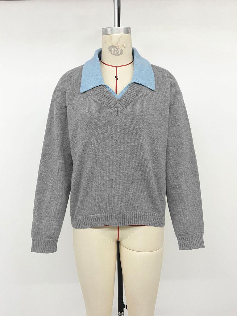2026 Autumn/Winter Color Block Two-Piece Style Knit Sweater with Lapel and Long Sleeves