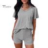 2 шт./комплект женский футболка шорты комплект костюм V-образный вырез короткий рукав однотонный свободный топ высокая талия мини шорты спортивный наряд повседневный спортивный костюм