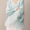 Mint Green Knit Sweater with V-Neck and Layered Tulle Ruffle Hem