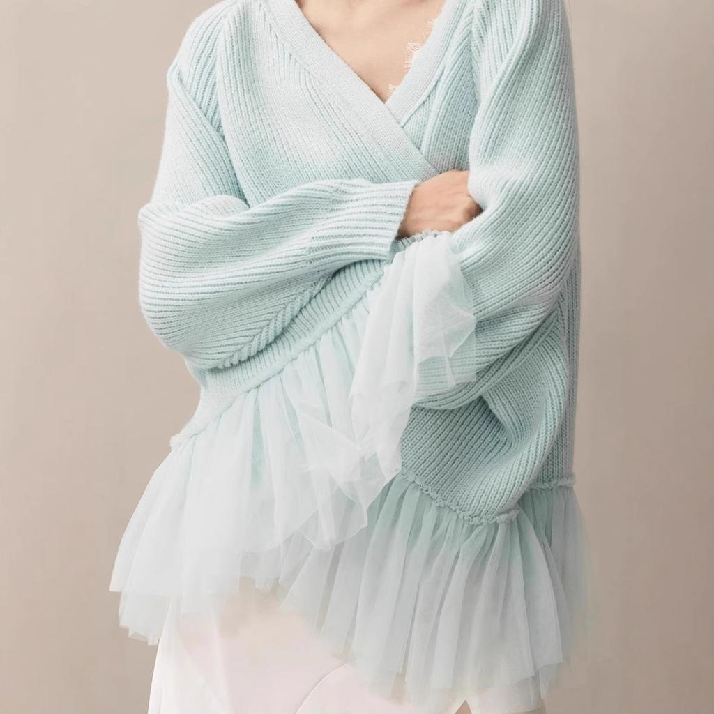 Mint Green Knit Sweater with V-Neck and Layered Tulle Ruffle Hem