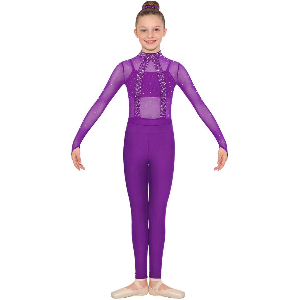 Детский гимнастический купальник для девочек с блестящими стразами и сетчатым лифом: Водолазка с длинным рукавом, вырезом на спине, в комплекте с соответствующей майкой, леггинсами и повязкой на голову