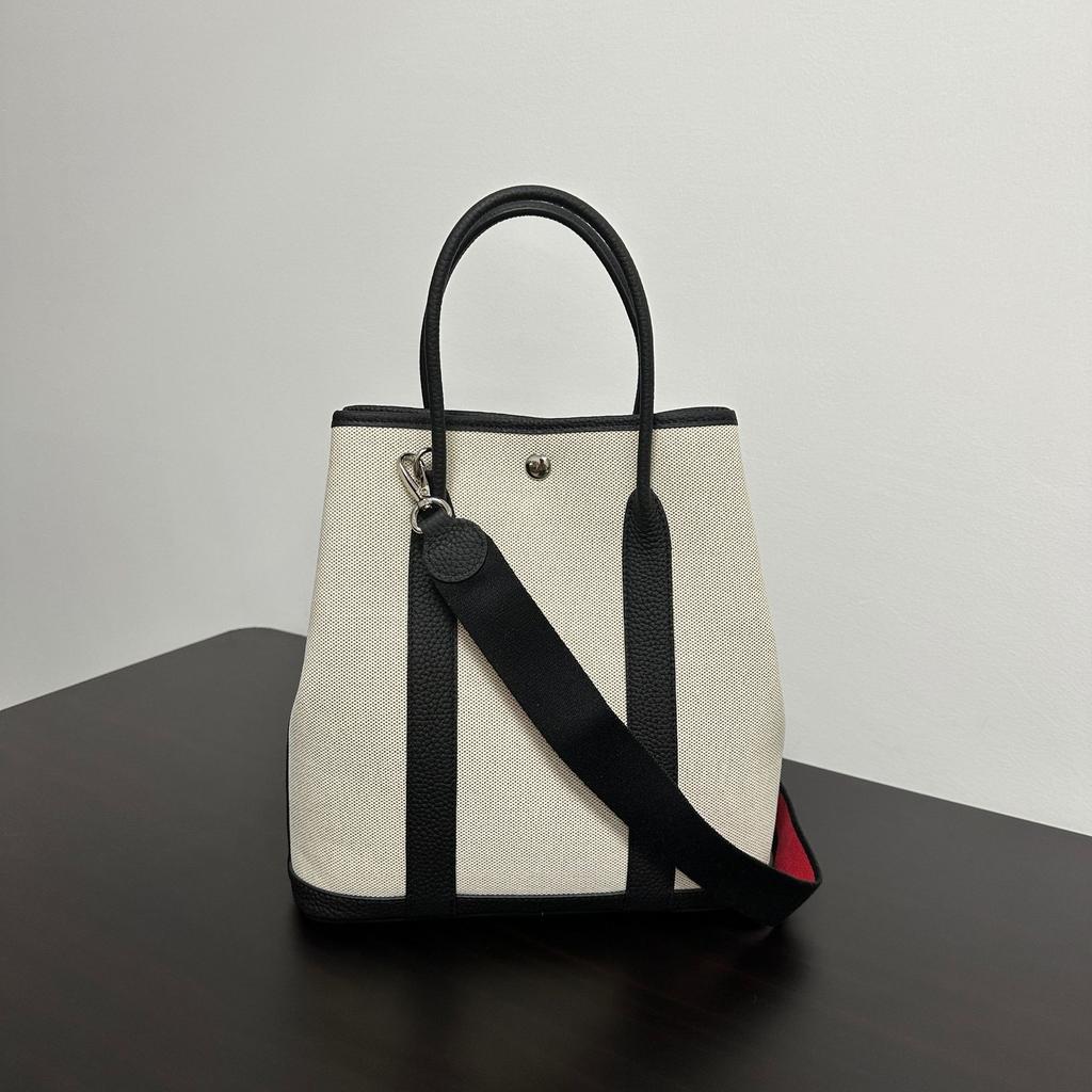 Vertical Canvas with First-layer Cowhide Garden Bag 36 Handbag Fashionable and Casual Lightweight Tote Bag Large-capacity Women's Bag