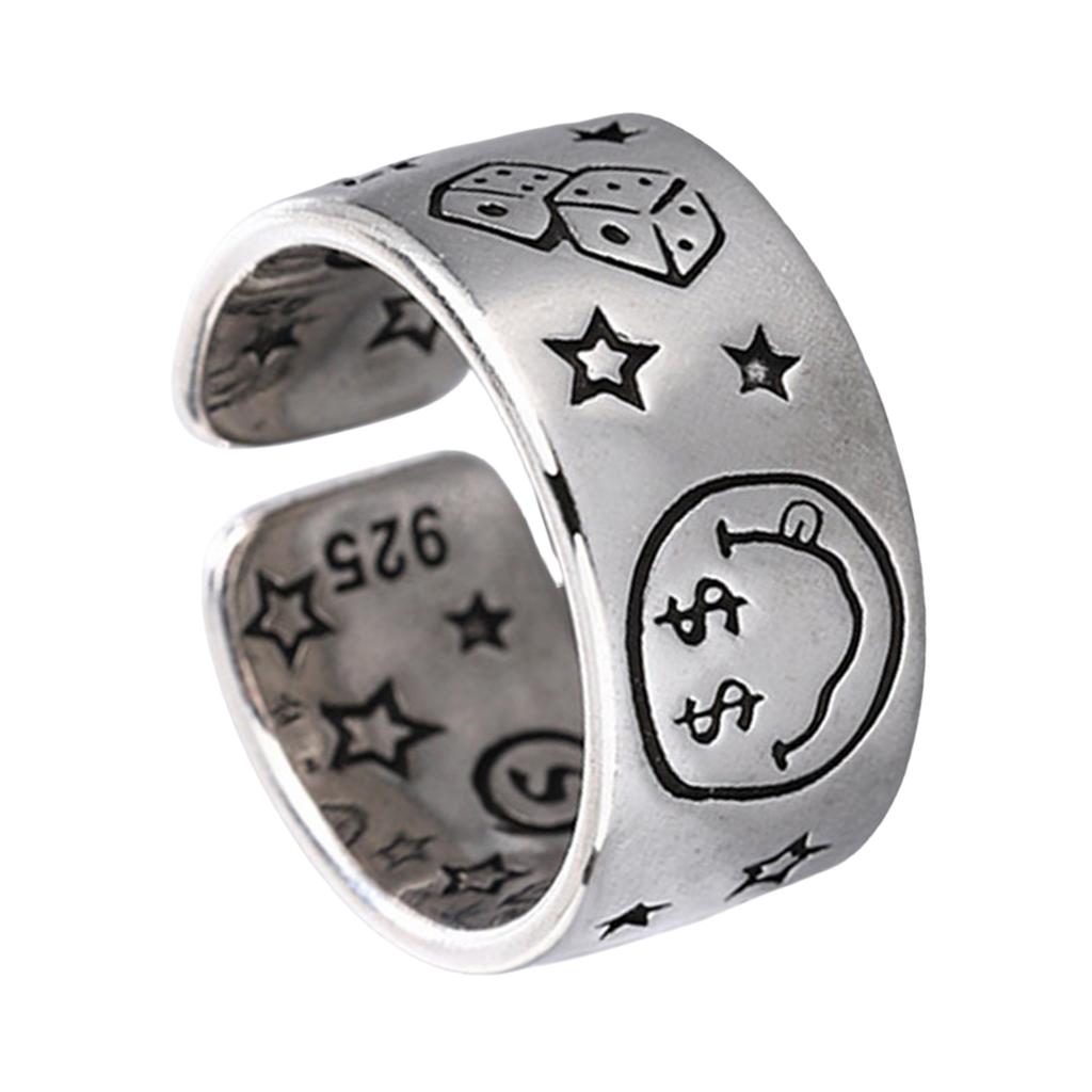 Vintage Smile Face Poker Dices Star Opening Ring Adjustable Ring Jewelry for Fashion Enthusiasts and Retro Lovers