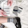 Grey Checkered Mid-calf Socks Korean Style Boneless Pile Socks New Cotton Socks  Spring Summer
