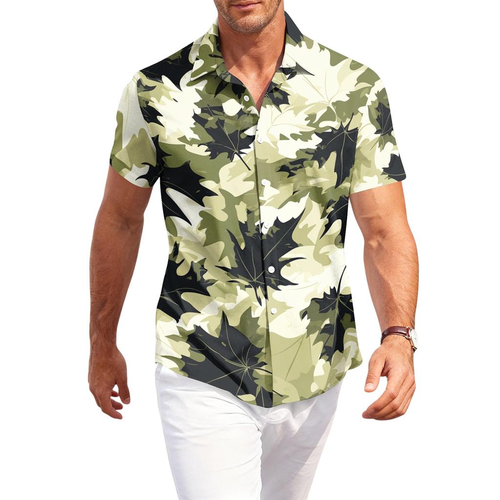 Men's Casual Loose Fit Hawaiian Print Short Sleeve Shirt Button Down Beach Vacation Shirt Lightweight Breathable Summer Top