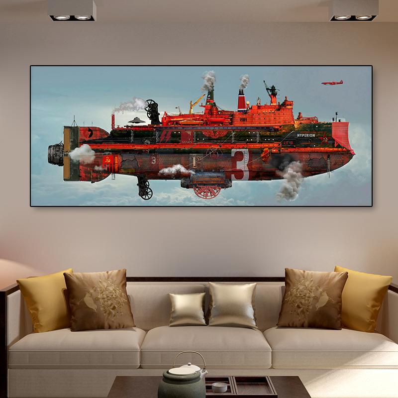 Ретро дирижабль в стиле стимпанк, атомпанк, дизельпанк, фэнтези, холст, картина, настенное искусство, винтажные постеры с космическим кораблем для декора гостиной