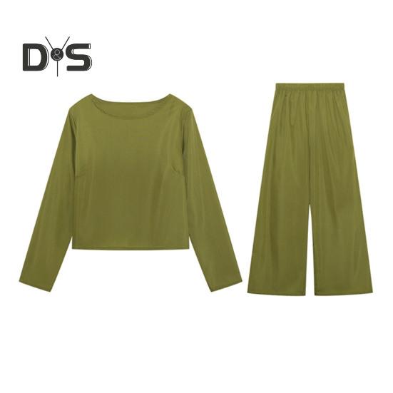 2 Pcs/Set Fall Spring Women Top Pants Set Long Sleeves Round Neck T-shirt Elastic Waist Trousers with Side Pockets OL Commuting Sport Pantsuit Outfit