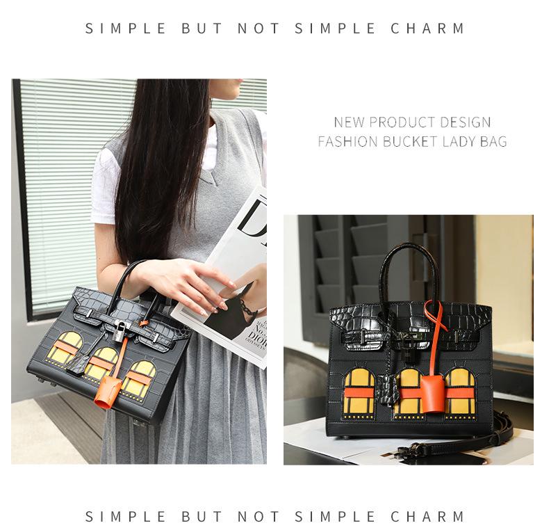 Cowhide Crocodile Contrast Color Platinum Shoulder Handbag - Genuine Leather Women's High-End Messenger Bag