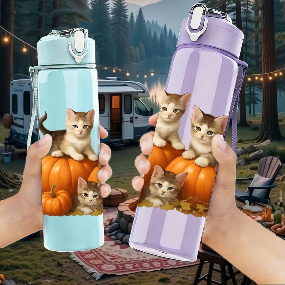 1PC Kitten Pumpkin Autumn 750ml Color Plastic Sports Water Bottle Leakproof Flip Straw Lid Suitable for Sports Office Home Use