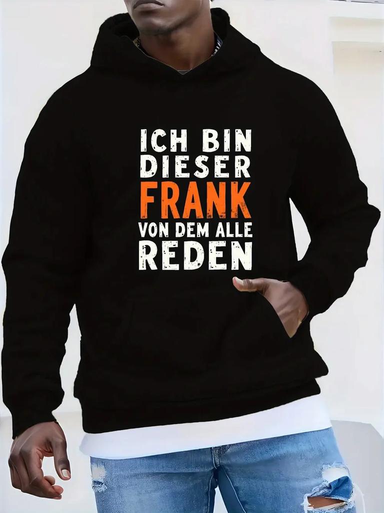 Cool German Frank Everyone Talks Plus Size Hoodie - Heather Gray Relaxed Fit Geometric Print Hooded Sweatshirt with Bold German Text Design