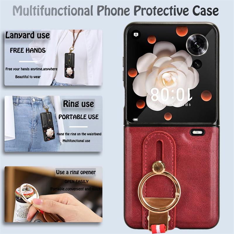 For Honor Magic V Flip Wrist Strap Ring Bracket Phone Holder Case For Honor Magic V Flip Leather style Case Drop-Resistant Cover