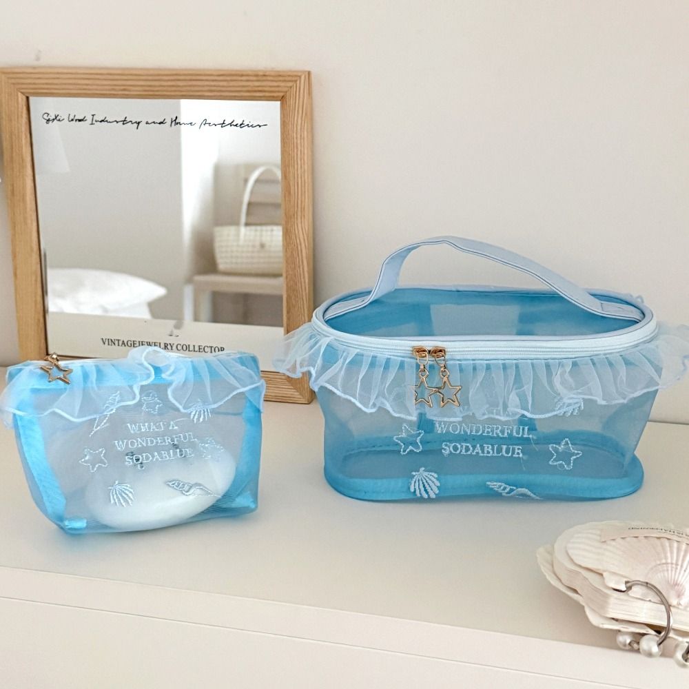Gauze Blue Mesh Embroidered Makeup Bag Embroidery Toiletry Bag Simple Travel Storage Bag Business