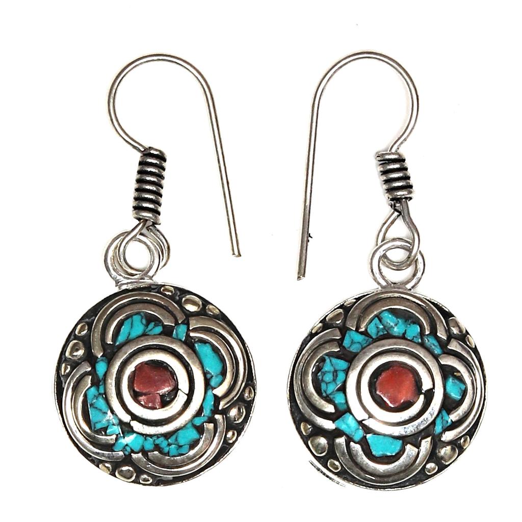 Nepali Tibetan Turquise Lapis Lazuli Gemstone Silver Jewelry Earring 1.5''