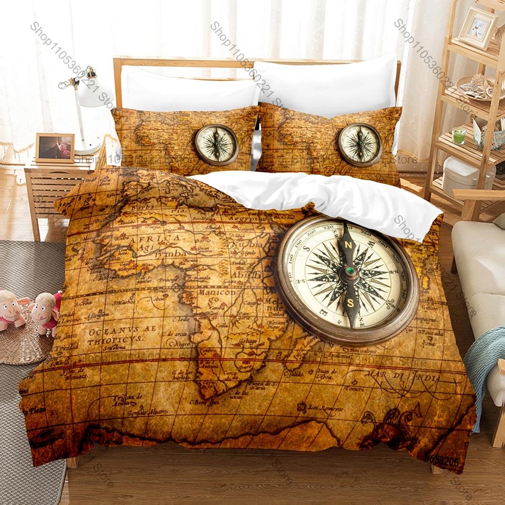 Retro Map Compass Bedding Set, Duvet Cover + 2 Pillowcases, Classic Navigation Graphic Bed Linens