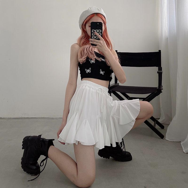 Белая плиссированная юбка с повязками для женщин, летняя мини-юбка трапециевидной формы с высокой талией, тонкая милая одежда с пышными рюшами, женская винтажная одежда