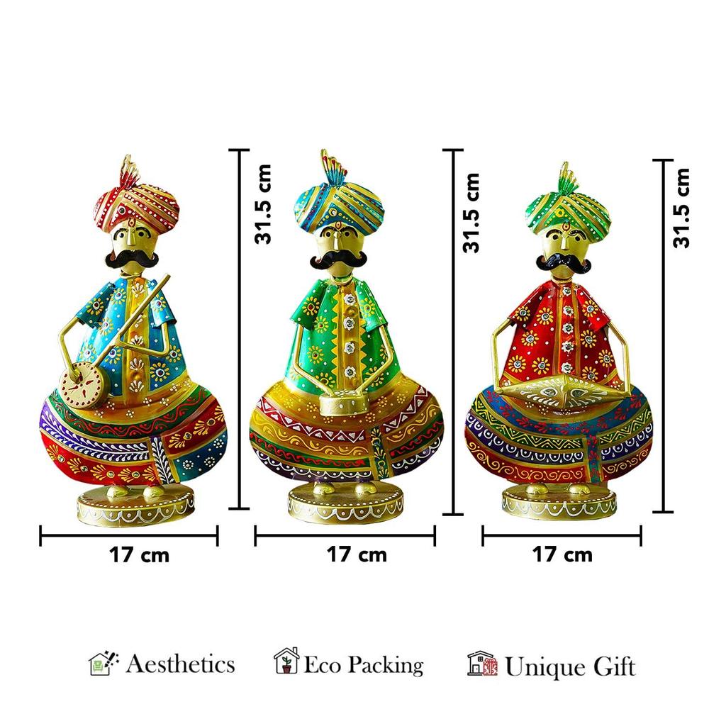 Metal Show Pieces for Home Decor | Gift Items for Showcase, TV Unit Decoration | NEW (Rajasthani Sardar Musicans - Set of 3)