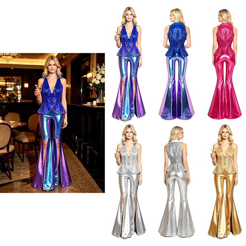 Women‘s Shiny Sequin Sleeveless Vest and High Waist V Notch Split Flared Pants S-3XL Disco Outfit for Prom Club Party