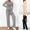 2 Pcs/Set Women Top Pants Suit Round Neck Long Sleeves Solid Color Irregular