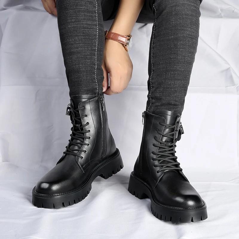 Spring Men's Thick Soled White Denim Boots Brand Lace Up Side Zipper Motorcycle Boots Men Round Toe Boots Leather High Top Shoes