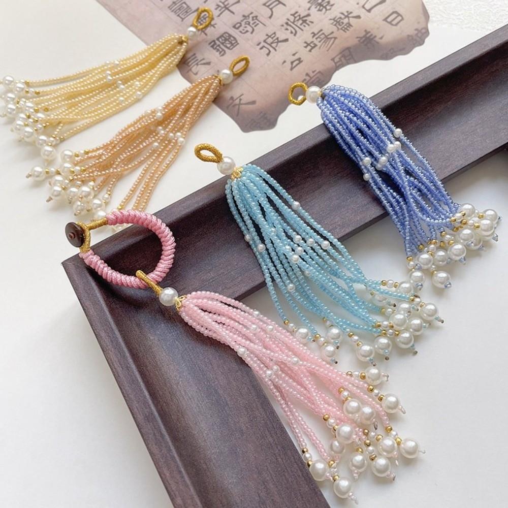 2pcs Ancient-style Tassels Beaded Keychain Handmade Bag Hanging Rope Crystal Pendant DIY Jewelry Accessory Multi-color
