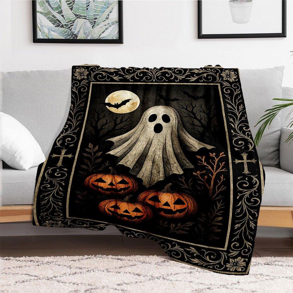 Halloween Ghost and Pumpkins Decorative RugBlanket Flannel Throw Blanket for Sofa, Bed, Travel, Camping, Office, Couch, Chair, And Bed Gift