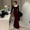 Fashion Three-dimensional Flower Contrasting Color Splicing Waist Long-sleeved Dress