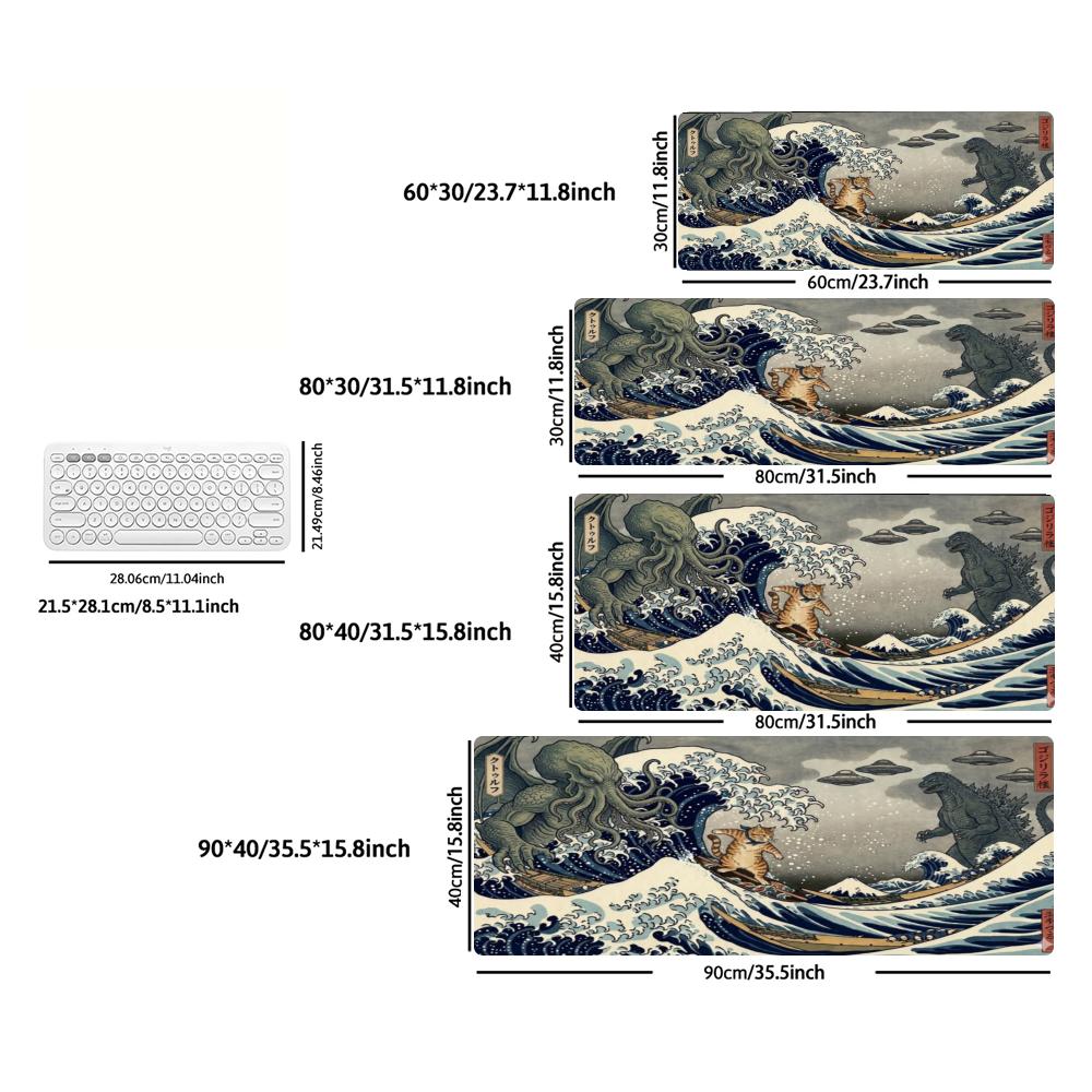 Japanese Ukiyo Wave Black Cat Koi Floral XXL Gaming Mouse Pad Non-Slip Rubber Keyboard Pad Desktop Office Computer Desk Mats