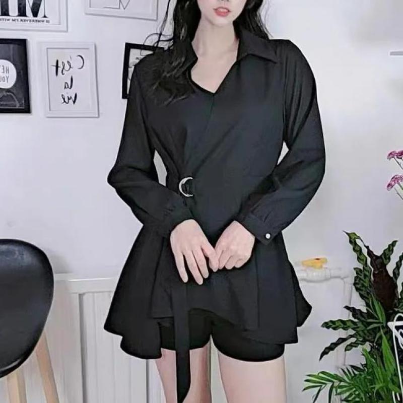 Новые модные весенне-осенние тонкие белые женские классические рубашки с длинным рукавом и поясом для офисной женской рабочей одежды, топы с v-образным вырезом, черная рубашка
