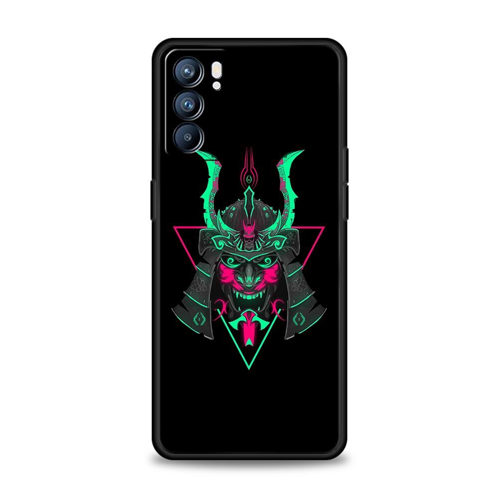 Неоновый чехол для телефона Samurai Oni Mask для Oppo Find X5 A54 A53 A52 A9 2020 A15 A95 A16 A76 A74 A12 Reno7 SE Reno6 Pro Plus 5G