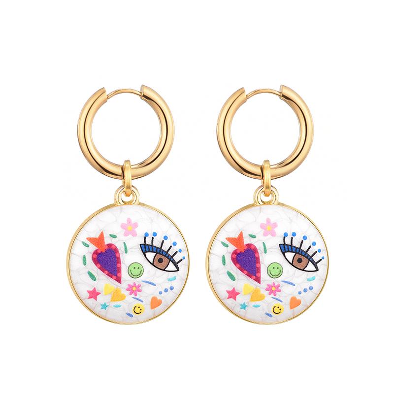 Cute Round Eye Flower Smile Star Heart Pattern Stainless Steel Hoop Earrings For Women Vintage Enamel Gold Color Female Jewelry