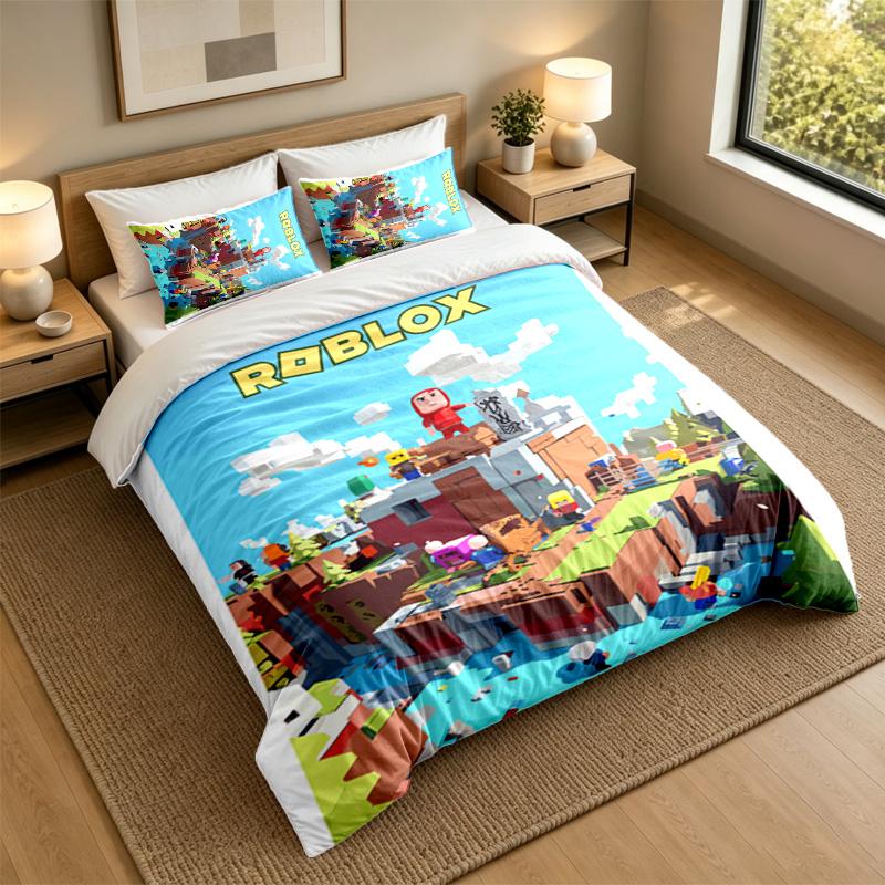 Soft Bedding Set Roblox Pattern, 1 Duvet Cover plus 2 Pillowcases Stylish Bedroom Home Textile