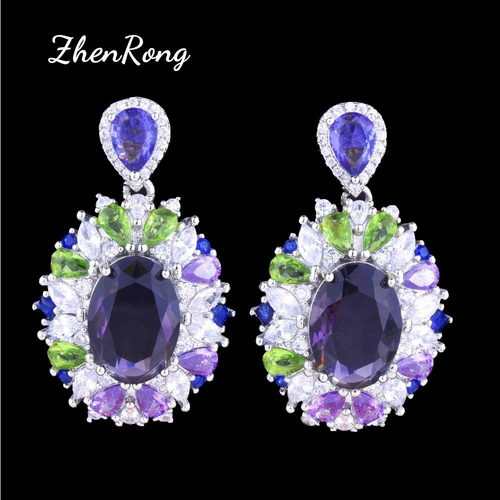 Luxury Women Jewelry Set Purple Zircon Pendant Adjustable Ring Gemstone Earrings Necklace Fashion Accessory