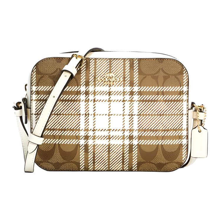 Coach Camera 18 Checkered Pattern Canvas Crossbody Bag Small Women bags Brown White C0038-IMLOT