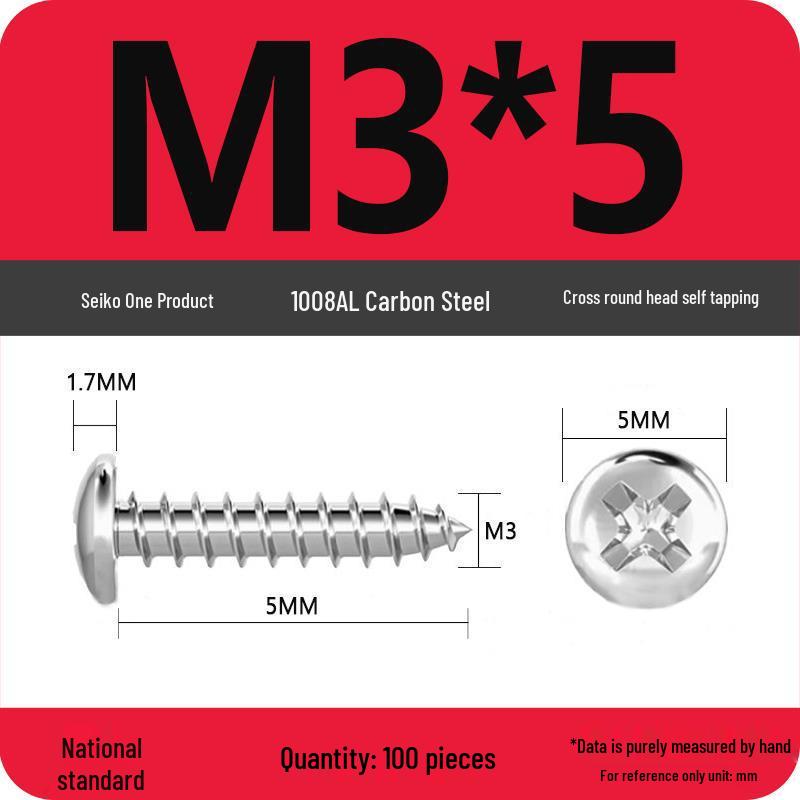 Galvanized Self-Tapping Screws, Round Head, White Zinc, PA Cross Pan, Pointed Tail M1.2-M4