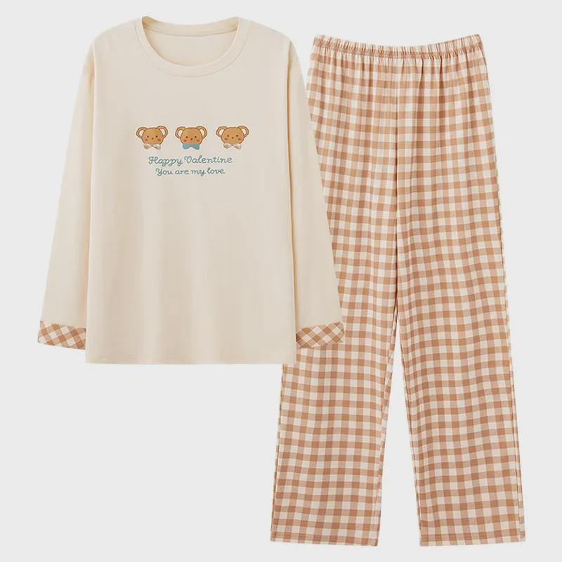 Женский пижамный комплект с рисунком и нагрудными накладками - длинный рукав и брюки на весну/осень - свободный, удобный, можно носить на открытом воздухе