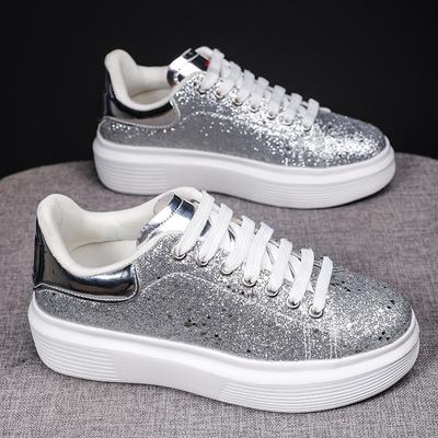 Женские повседневные кроссовки с пайетками, модные дизайнерские кроссовки для бега, спортивные туфли для девочек на шнуровке, на платформе, массивные, дышащие, высокие