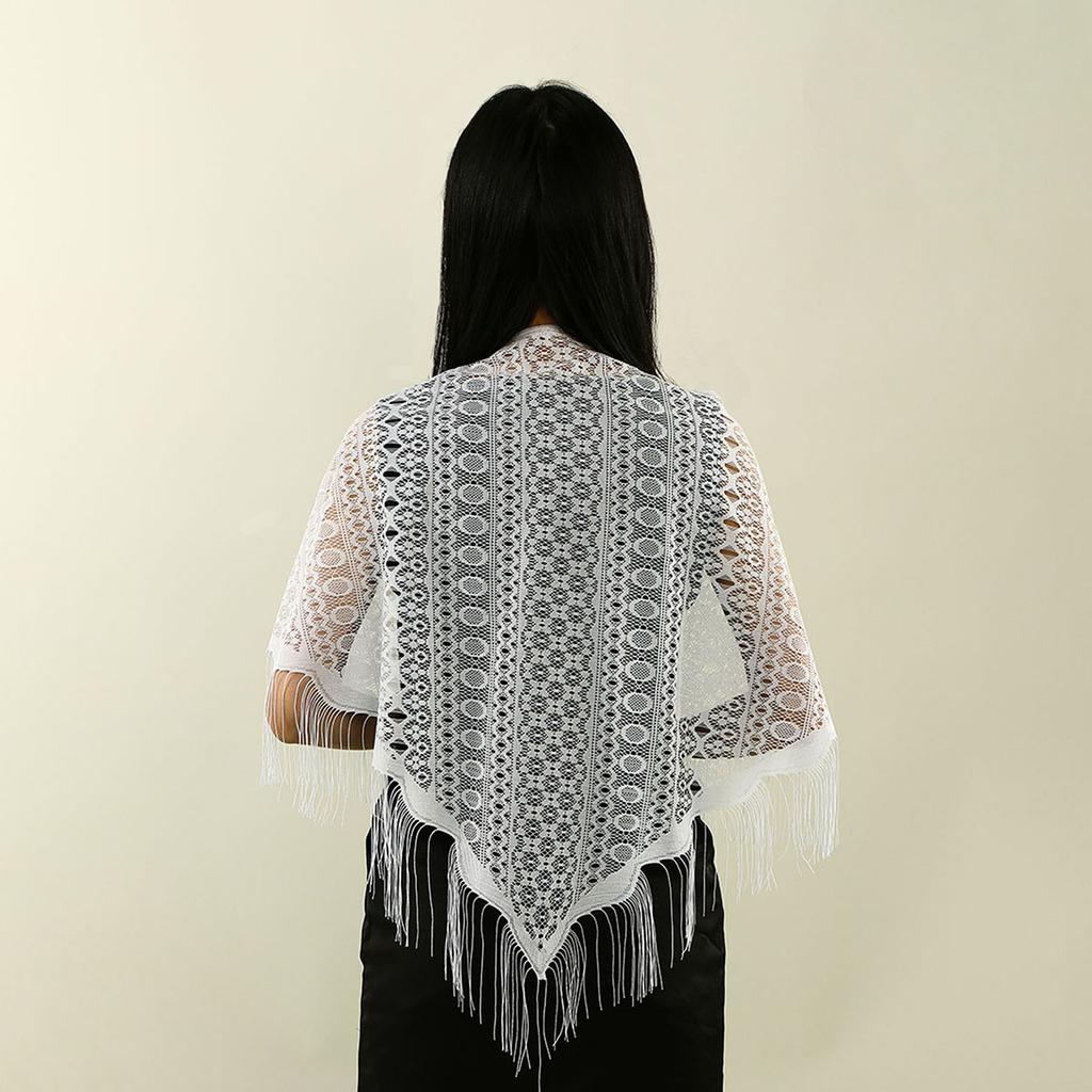 Laven Lace Embroidery Triangle Scarf Hijab Muslim Church Prayer Wedding Mantilla Shawl with Tassels Women White Veil Bandana