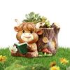 Милая высокогорная корова, читающая книгу, цветочный горшок для суккулентов из смолы с дренажным отверстием, забавный горшок, корова с противоскользящей подкладкой, декор для дома