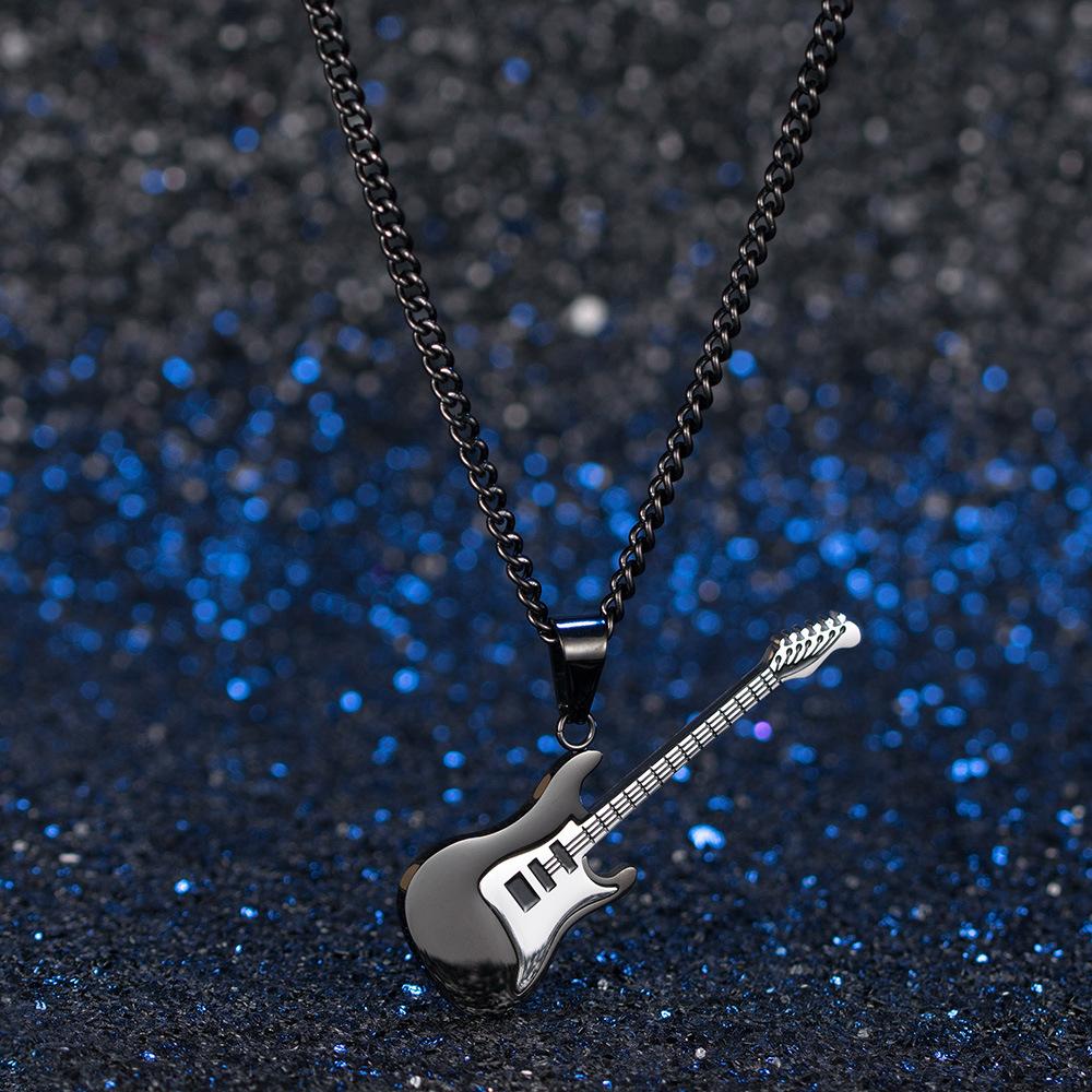 European and American Titanium Steel Guitar Pendant Mens Metal Instrument Necklace