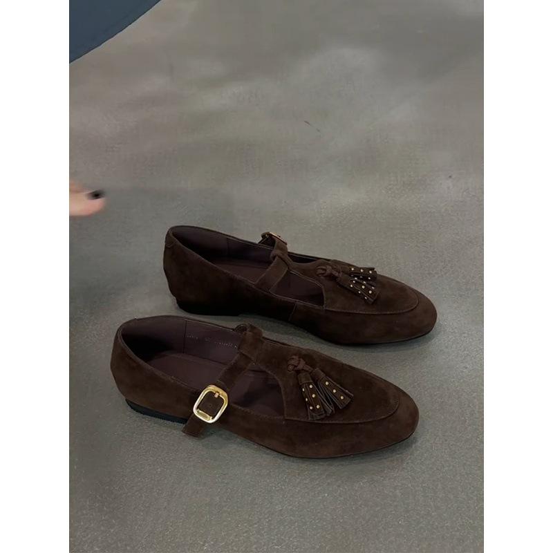 Cowhide Version~ Genuine Leather Niche Fringed Genuine Leather Light Mouth Single Shoes T-buckle Belt Mary Jane Shoes Women's Flat Bottom