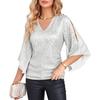 Ayollar Bahor va Kuz Modasi Sequined Beliga Qisilgan Qo'ng'iroq Yengli V-bo'yin Slim Partiya Pulover Top