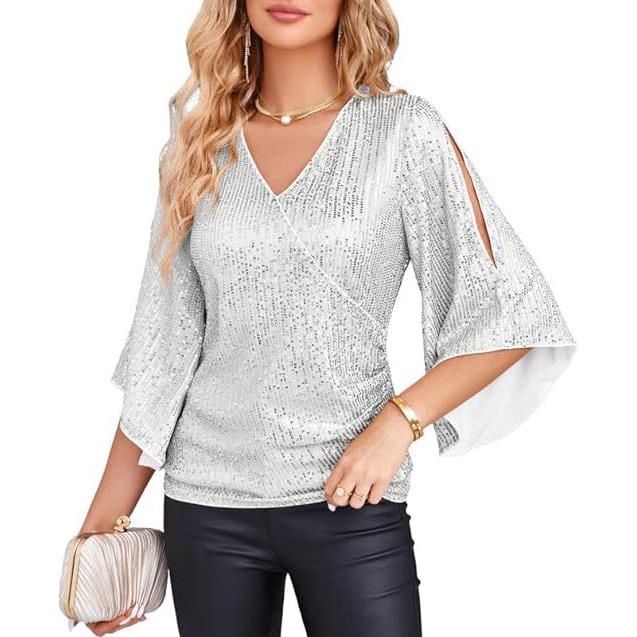 Women's Spring and Autumn Fashion Sequin Hipped Trumpet Sleeve V-neck Slim Party Pullover Top