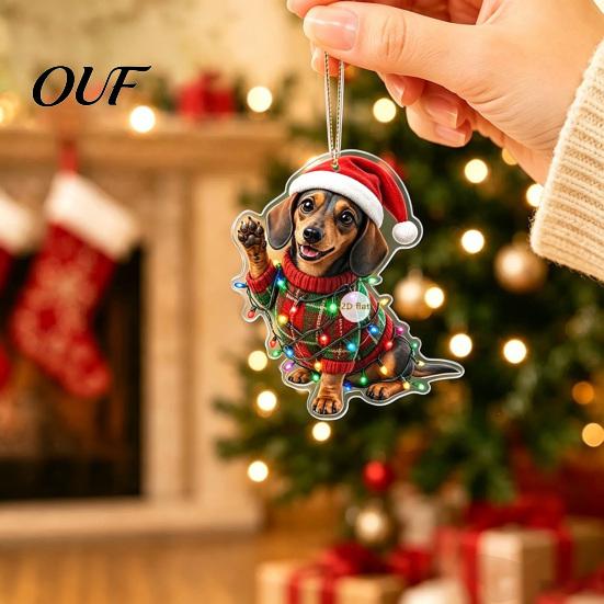 Small Dog Themed Christmas Decor Dachshund Ornaments, 2D Flat Acrylic Xmas Tree for Lovers Hanging Decoration Car Rearview Mirror, Holiday Home Party