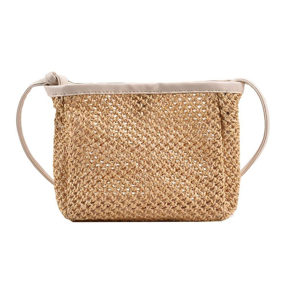 Hollow Out Raffia Bag Pu Leather Weave Straw Crossbody Bag Casual Girls