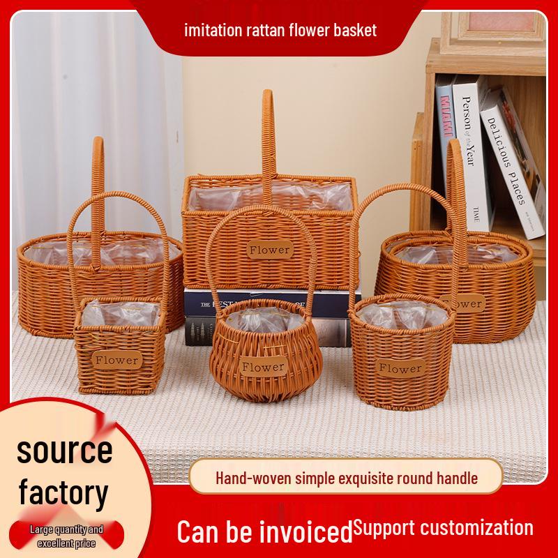 Imitation Rattan Woven Flower Basket: Handheld Arrangement, Living Room Decor, Photography Prop, Picnic, Pastoral, Flower Girl, Souvenir.