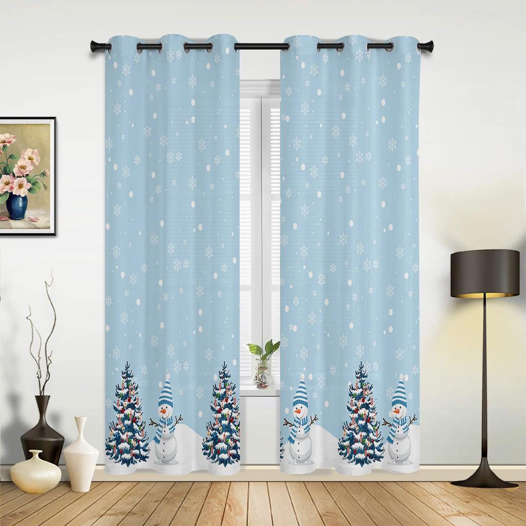 Christmas Tree Snowman Snowflake Pink Window Curtains Decor For Home Bedroom Kitchen Living Room Ornament Xmas Gifts Navidad