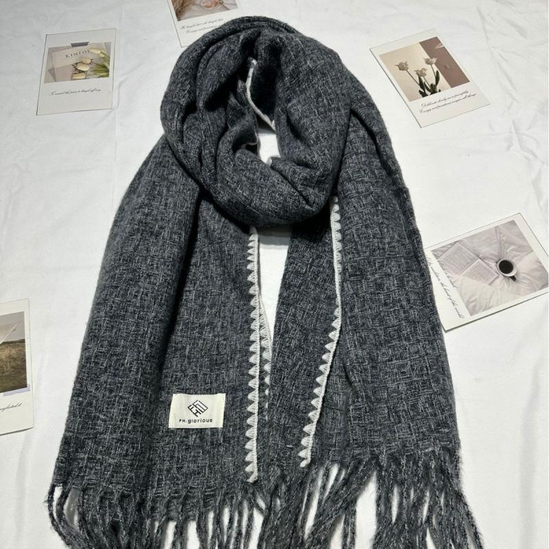 New Ins Versatile Atmosphere Solid Color Dog Tooth Edge Imitation Cashmere Scarf Thickened Large Version Scarf Shawl