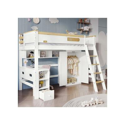 Двухъярусная кровать - 90x200 см - Белый + натуральные цвета - С защитными бортиками - Встроенный стол и шкаф