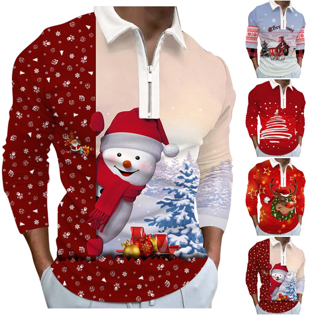 Christmas Men'S Lapel Long Sleeve Printed Casual Top Loose Sports Lapel Shirt