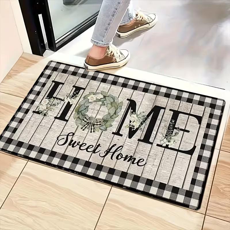Buffalo Plaid Home Sweet Home Wreath Door Mat Non Slip Washable Floor Rug Fit Living Room Bedroom Kitchen Entry Decor